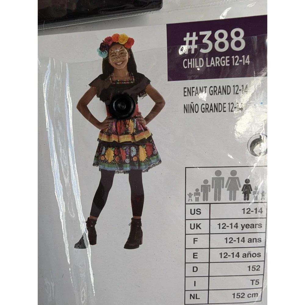 DAY OF THE DEAD COSTUME CHILD M 8-10 DRESS/HEADBAND HALLOWEEN